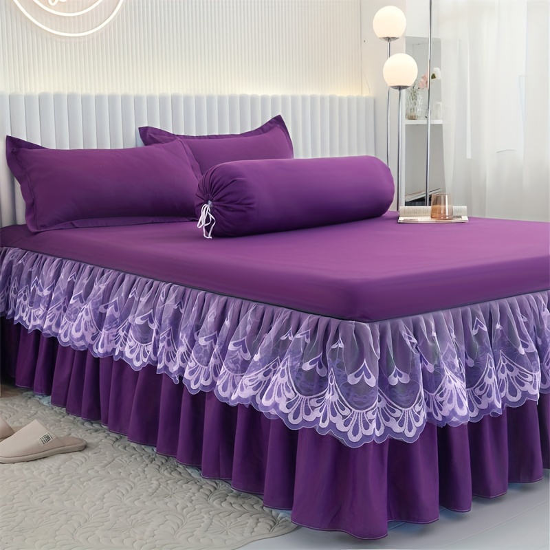 elegant 3pcs bed skirt set with double layer lace   1 bed skirt 2 pillowcases solid color non slip     machine washable details 3