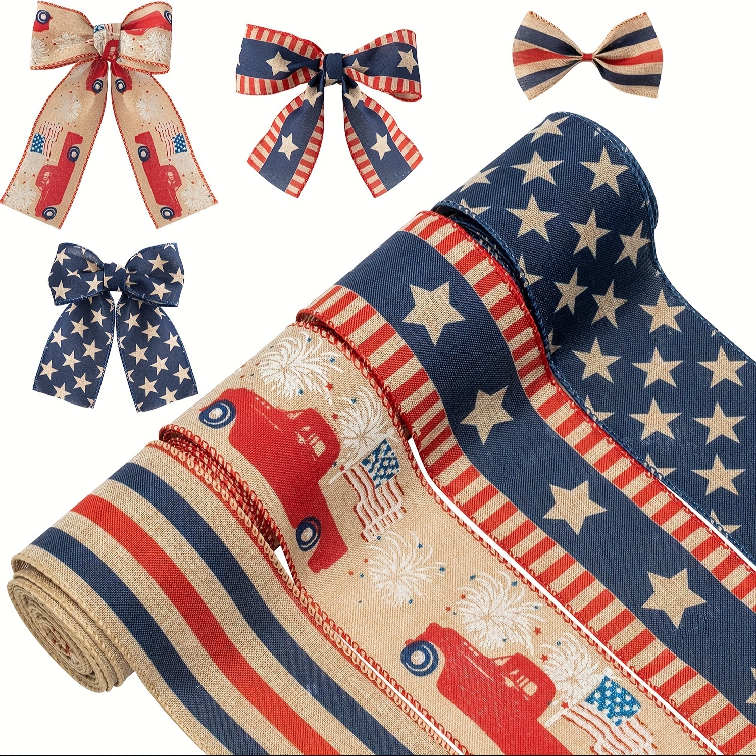 Red White Blue Plaid Patriotic Ribbon, 4th of July Ribbon Wired for Wreath,  American Flag Ribbon