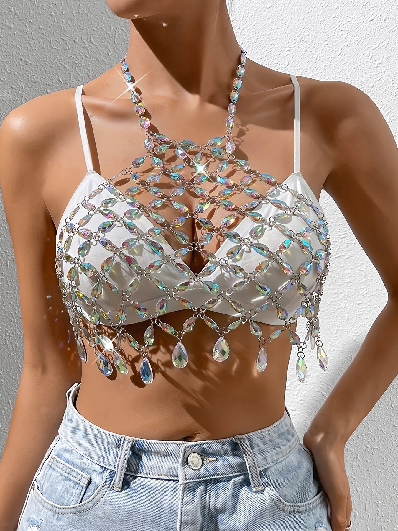 Sexy Party Cover Up Halter Top Bralette Rhinestone Studded Chain