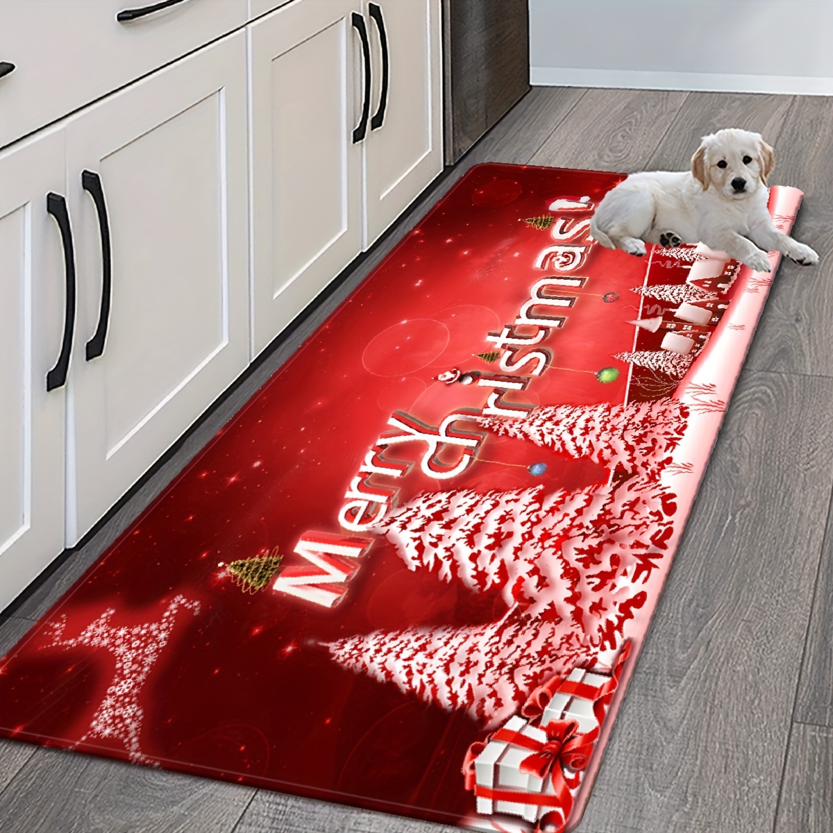  Juego de 2 alfombras de cocina antideslizantes para cocina,  color rojo, árbol de Navidad, brillante, campo, invierno, casa de campo,  alfombra decorativa con respaldo de goma, tapete para el suelo 