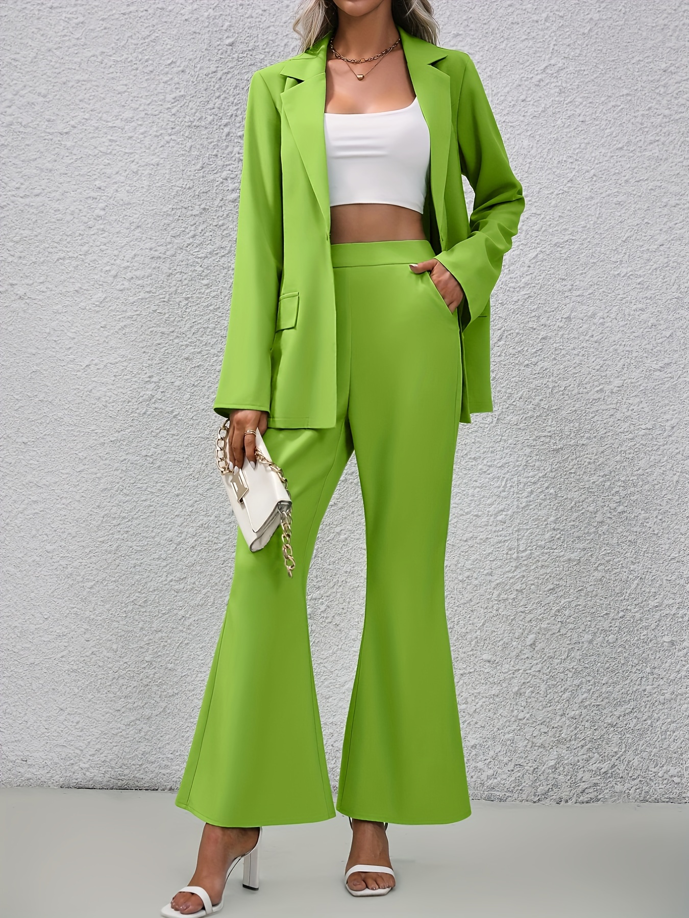 Solid Two piece Set Elegant Button Front Shirt Wide Leg - Temu Canada