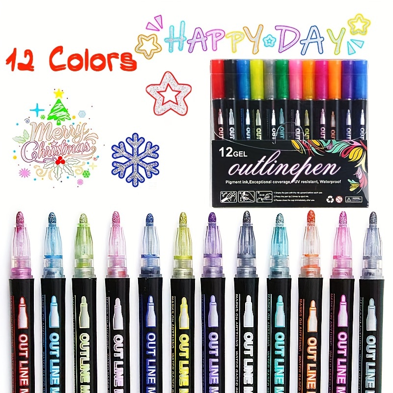 Yangmei Shimmer Markers Outline Pens, Gifts for Teen Girls Trendy Stuff,  Valentines Day Gifts for Kids, 12 Colors Metallic Marker Pens for Drawing