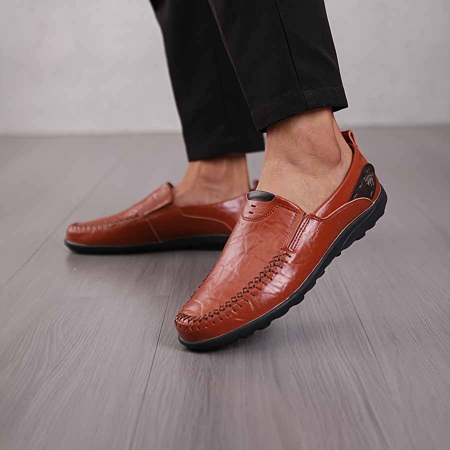 (Red, 9.5) Men Slip-On Leather Casual Male Driving Soft Non-Slip Loafers Shoe.