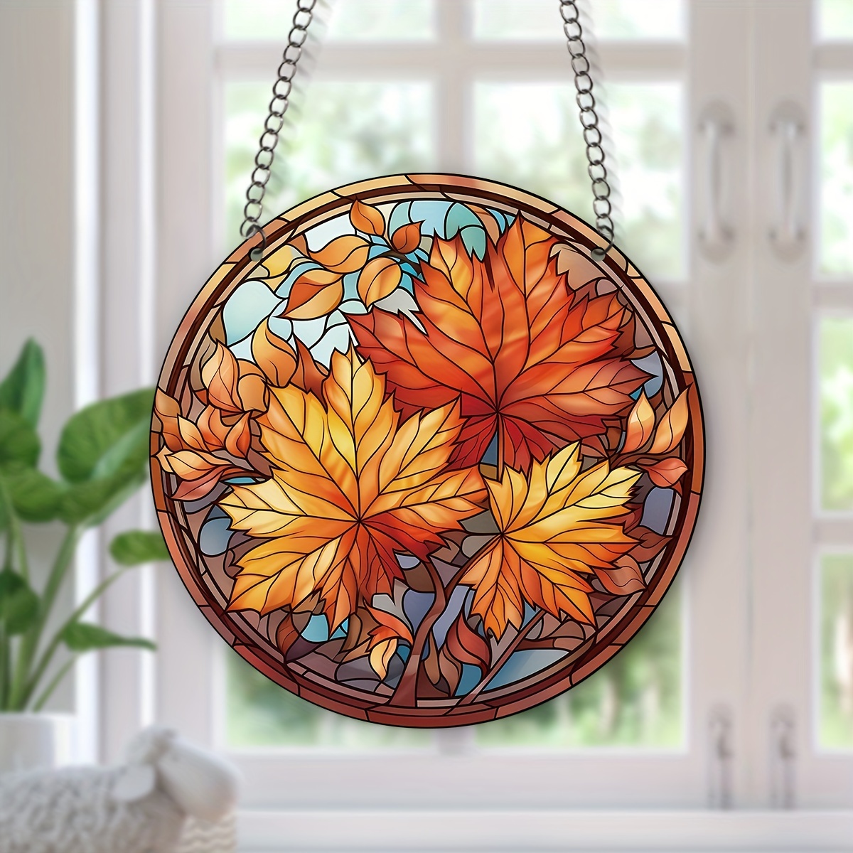 Platos decorativos, diseño de vidrieras de otoño, árbol de arce