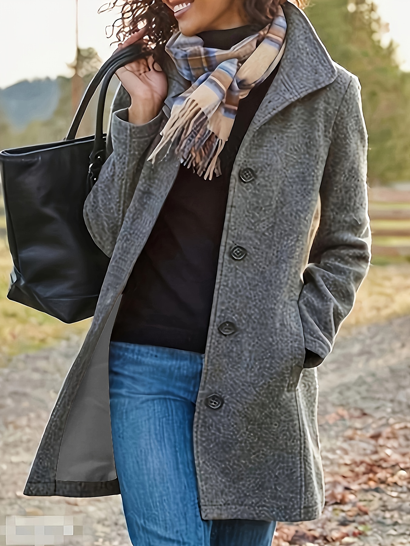 Plus Size Elegant Coat, Women's Plus Solid Long Sleeve Lapel Collar  Longline Woolen Coat With Pockets