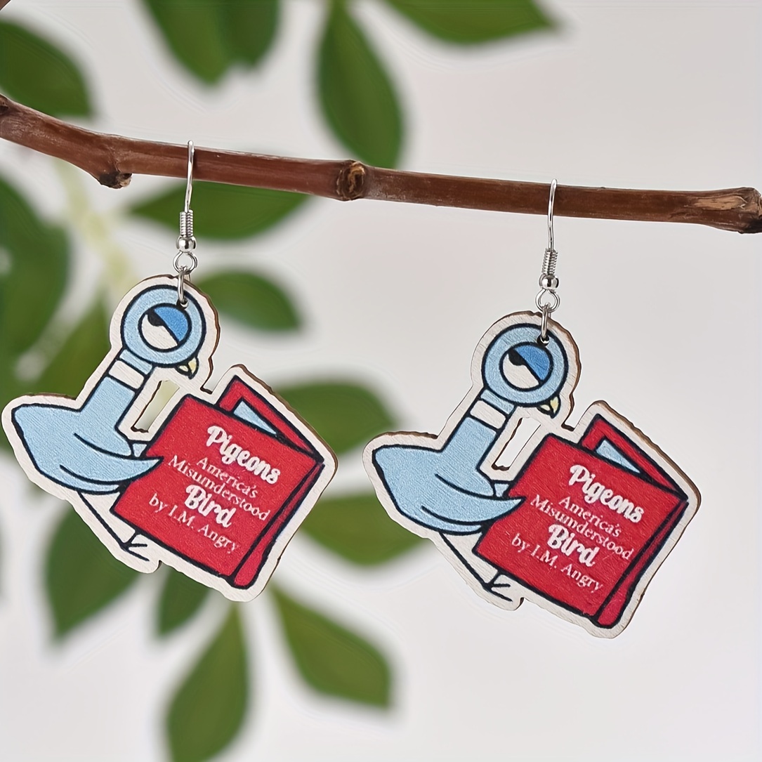 

Bird Reading Book Design Dangle Earrings Cute Cartoon Style Wooden Jewelry Female Gift