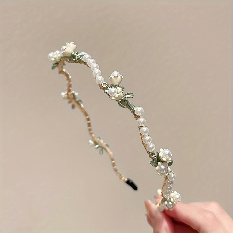 TEMU 1pc New Faux Pearl Handmade Alice Band, Winding Lily Design, Fairy Flower Headband, Girl's Cute Hair Accessories Gift