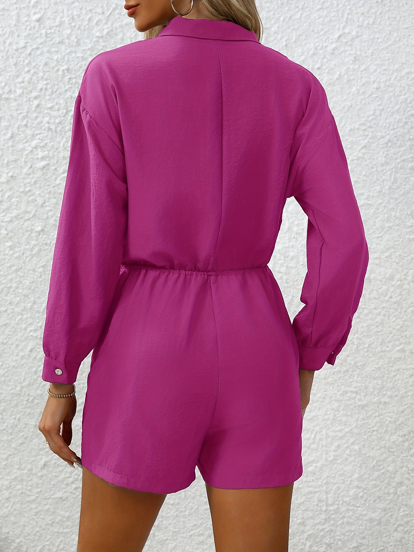 Hot Pink Long Sleeve Romper With Pockets