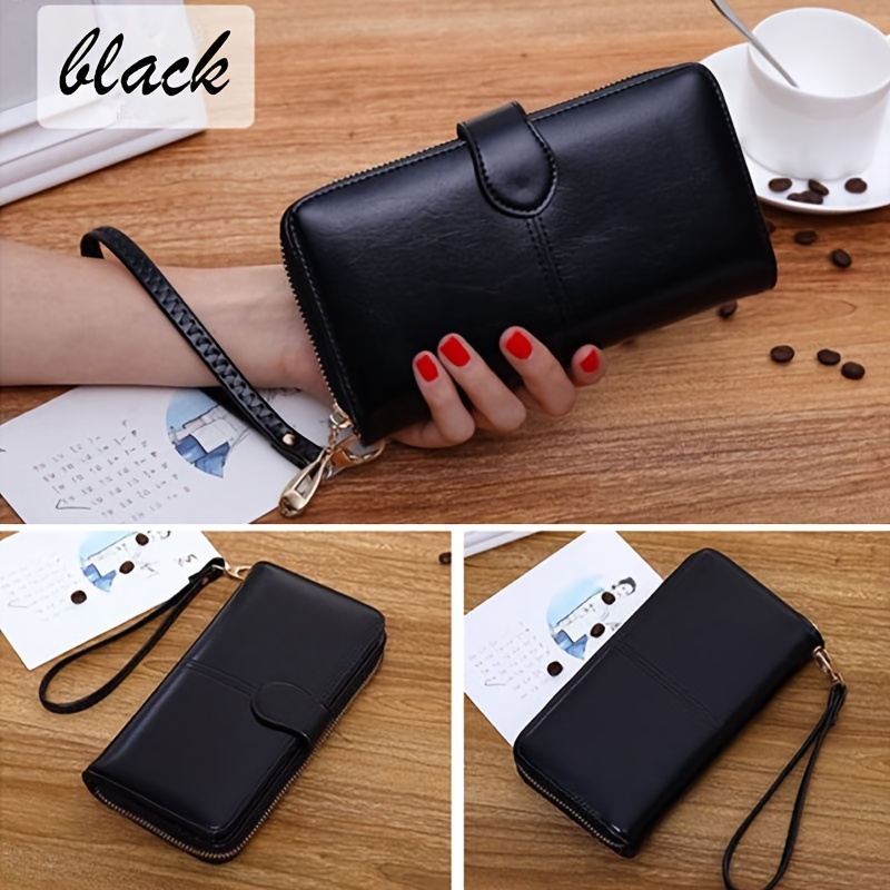 Solid Color Faux Leather Wallet, Multi Long Zipper And Button Coin