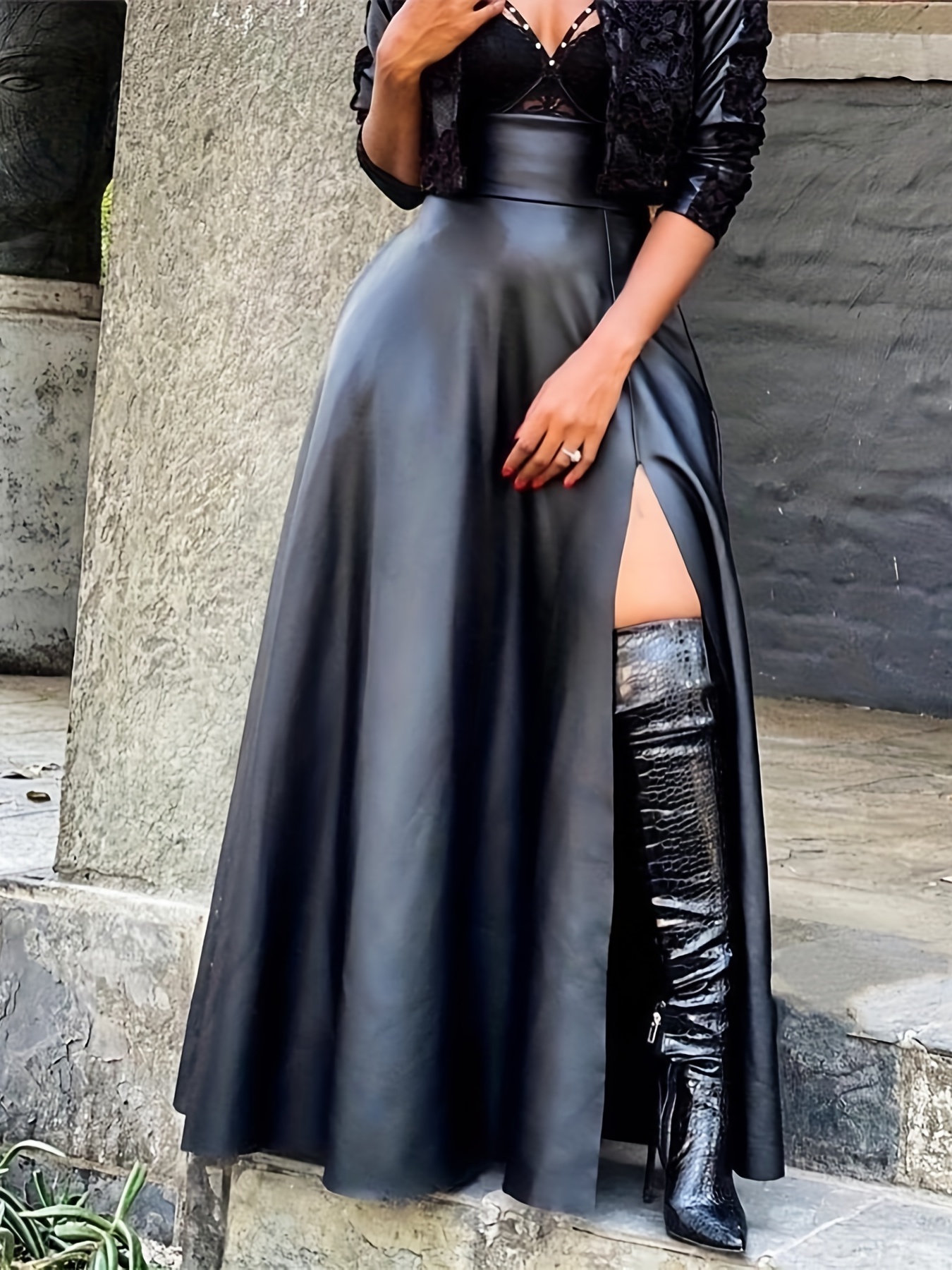 Women's High Waist PU Leather Skirt with Sexy Side Slit