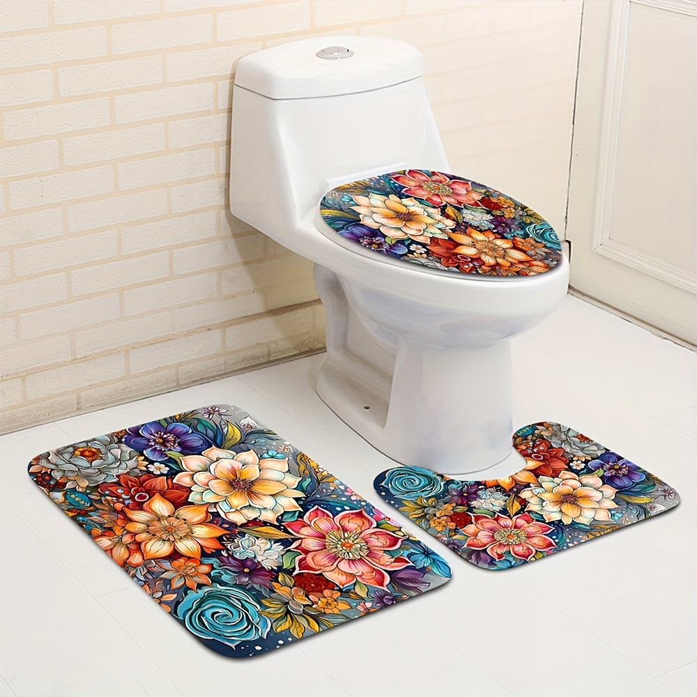 4pcs Bohemian Flower Bathroom Set, Waterproof Shower Curtain With 12 Hooks,  Non-Slip Bathroom Rug, Toilet U-Shape Mat, Toilet Lid Cover Pad, Aesthetic