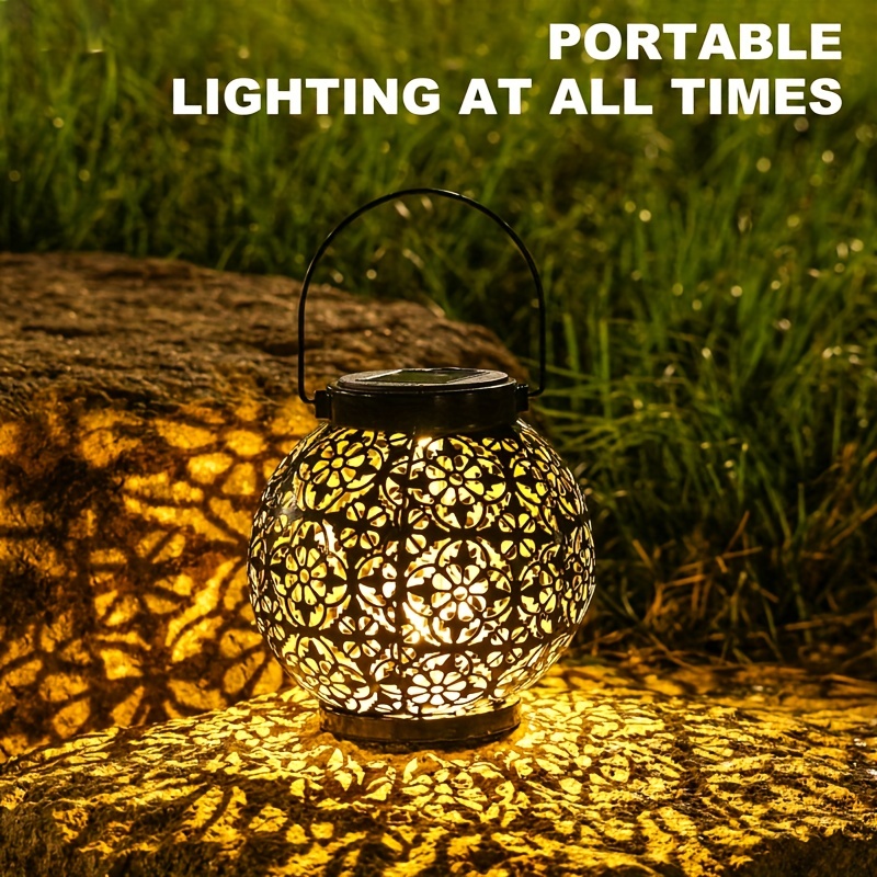 Waterproof Solar Lamp Retro Hollow Lantern Light Iron Art Hollow Lantern  Light Handheld Hanging Projector Lamp Yard Decoration