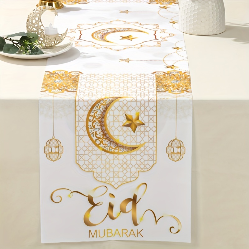 

1pc, Chemin de table , Polyester blanc et or, Fabriqué à , Décoration festive de Ramadan et Eid Al-Fitr, Décoration de fête musulmane, Design et , Cadeau , Décoration de table