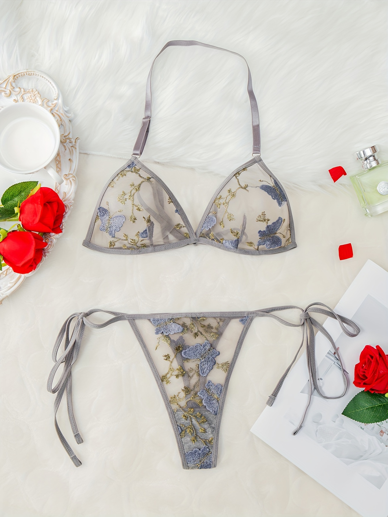 Plus Butterfly Embroidery Sheer Mesh Lingerie Set
