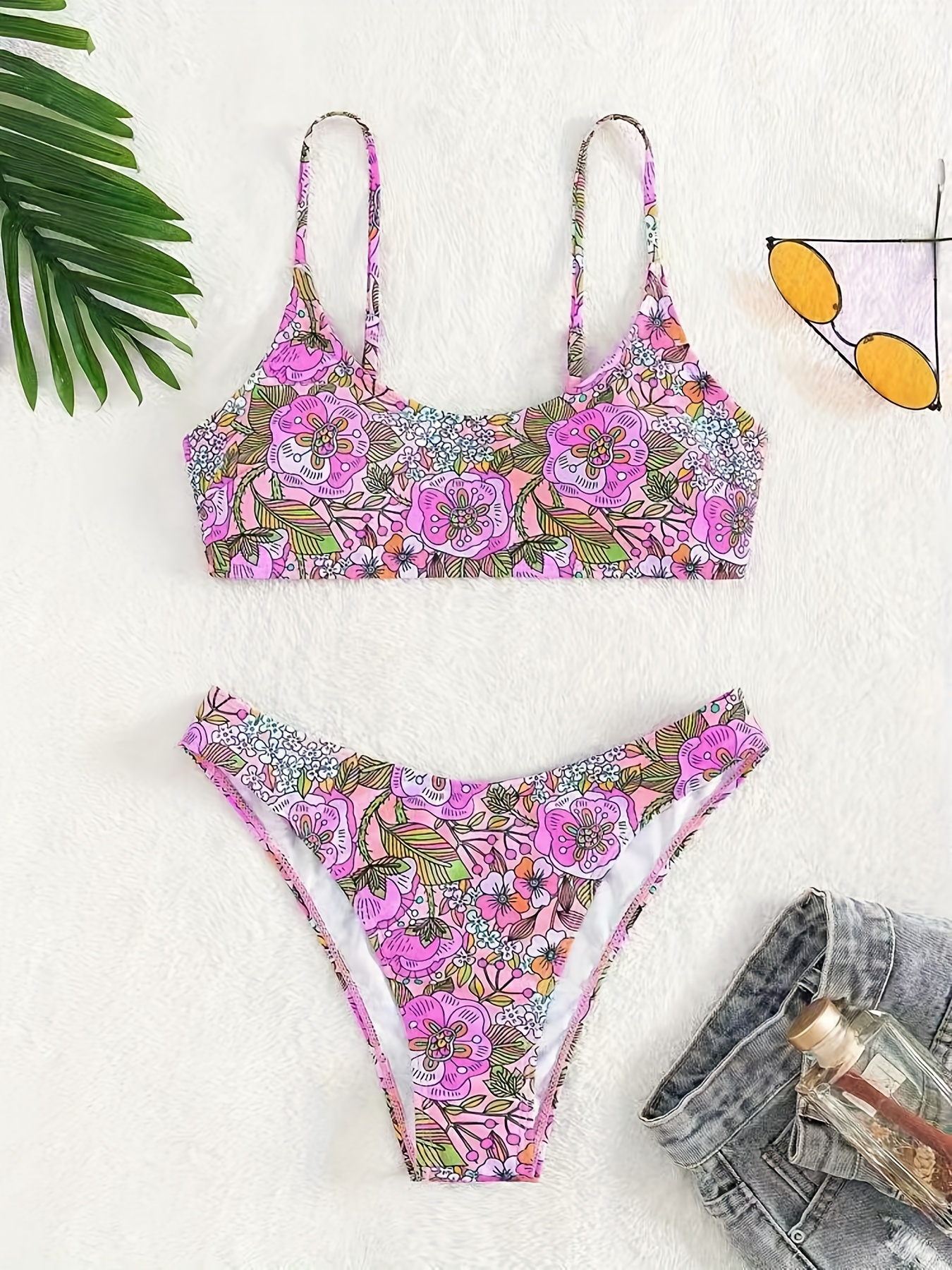 Floral Print Scoop Neck Spaghetti Strap Bikini High Cut - Temu Canada