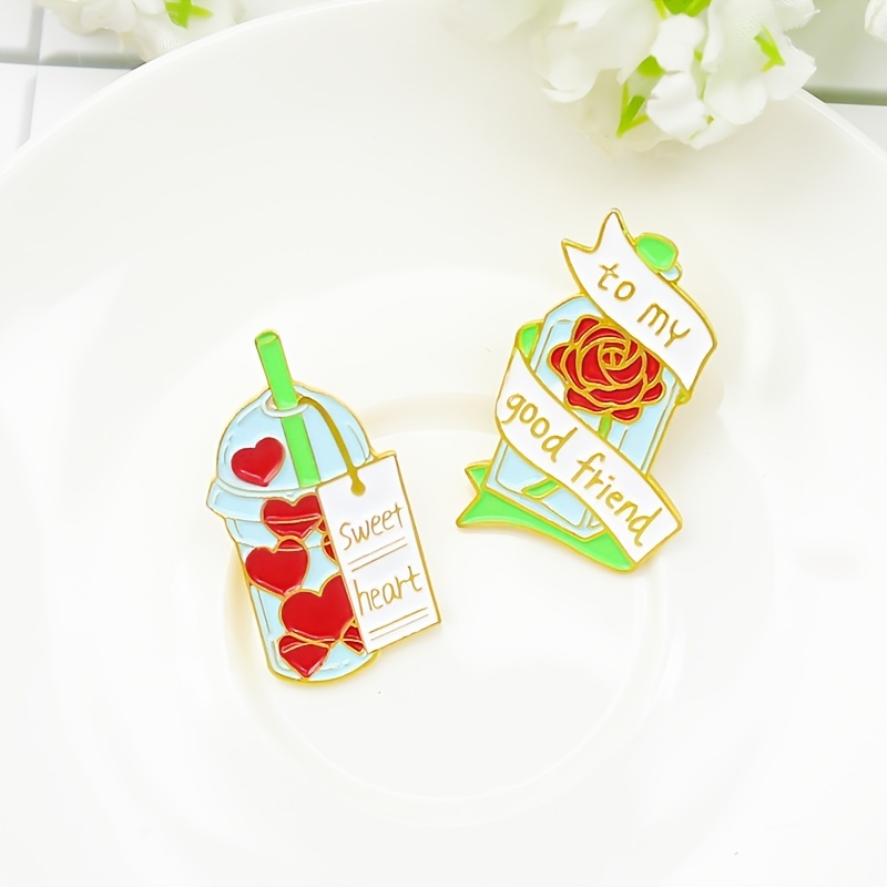 Red Heart Milk Tea Cup Rose Glass Bottle Brooch