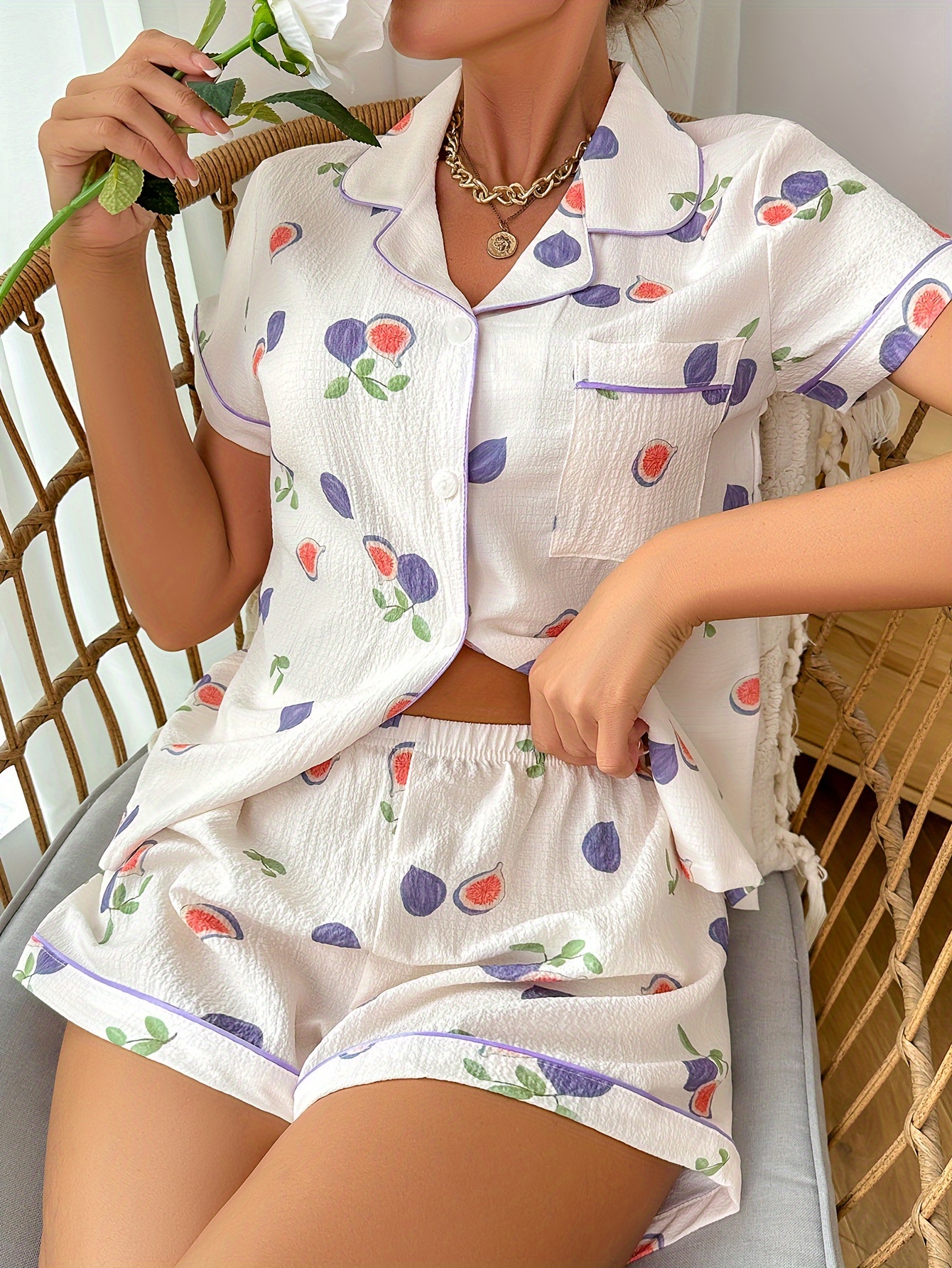 Sleeve Buttons - Temu Short Shorts Pajamas Set Print Fig Top