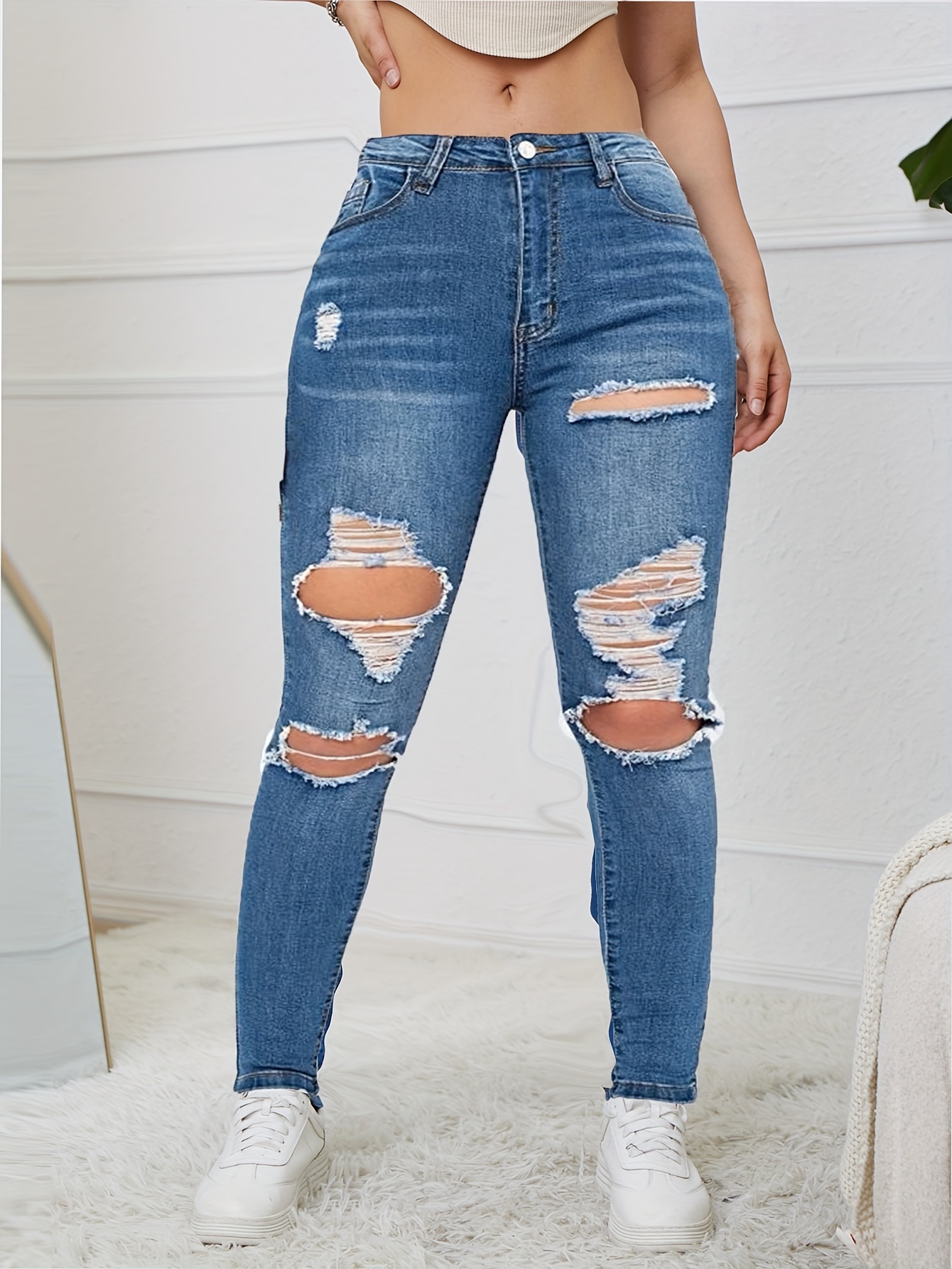 Distressed Skinny Jeans High Stretch Denim Trousers