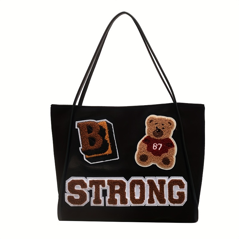 Cute Bear Embroidery Tote Bag Chenille Letter Shoulder Bag - Temu