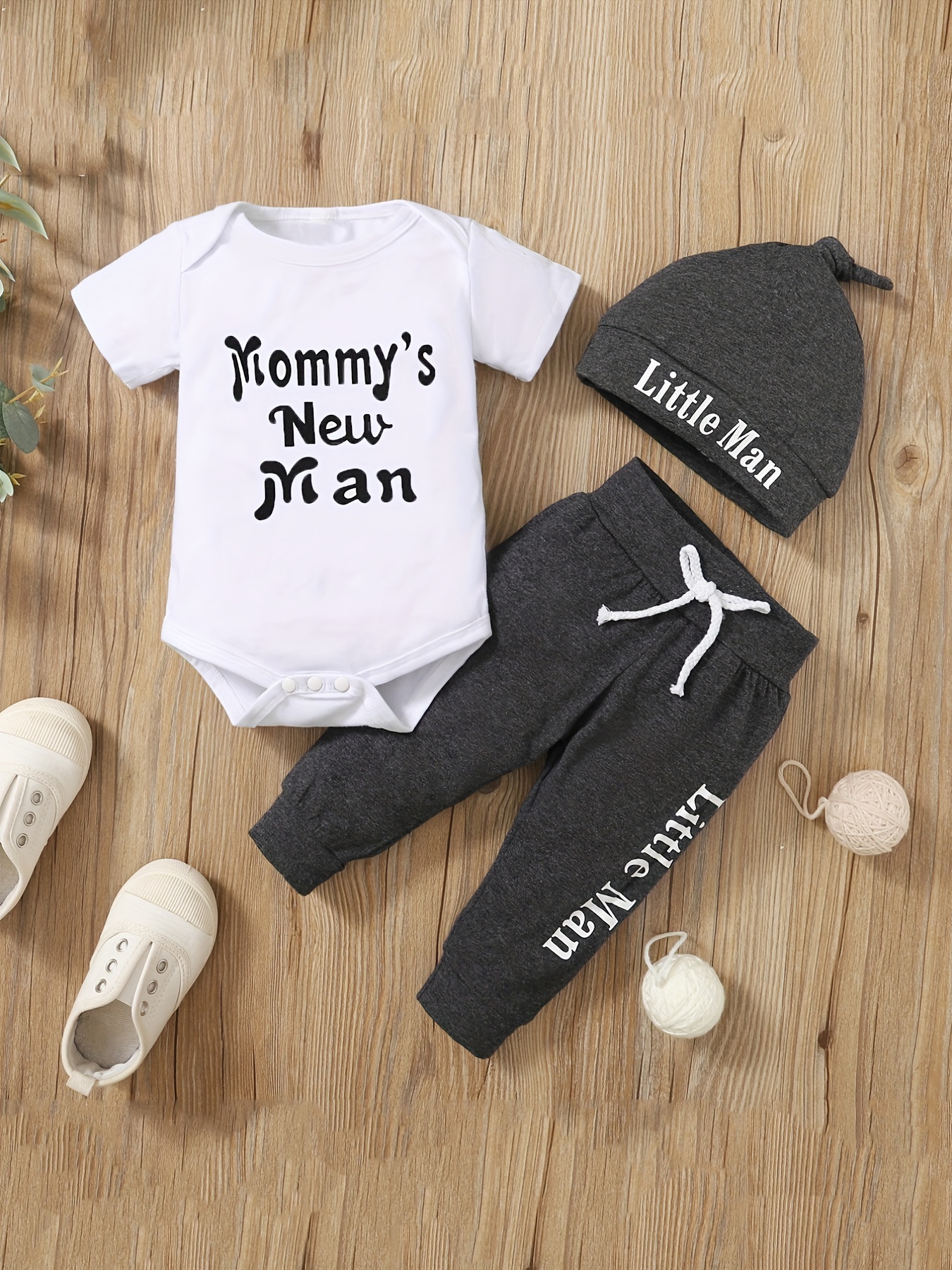 2pcs Baby's "Mommy's New Man" Print Short Sleeve Set, Cotton Bodysuit & Hat & Pants, Baby Boy's Clothing, As Gift