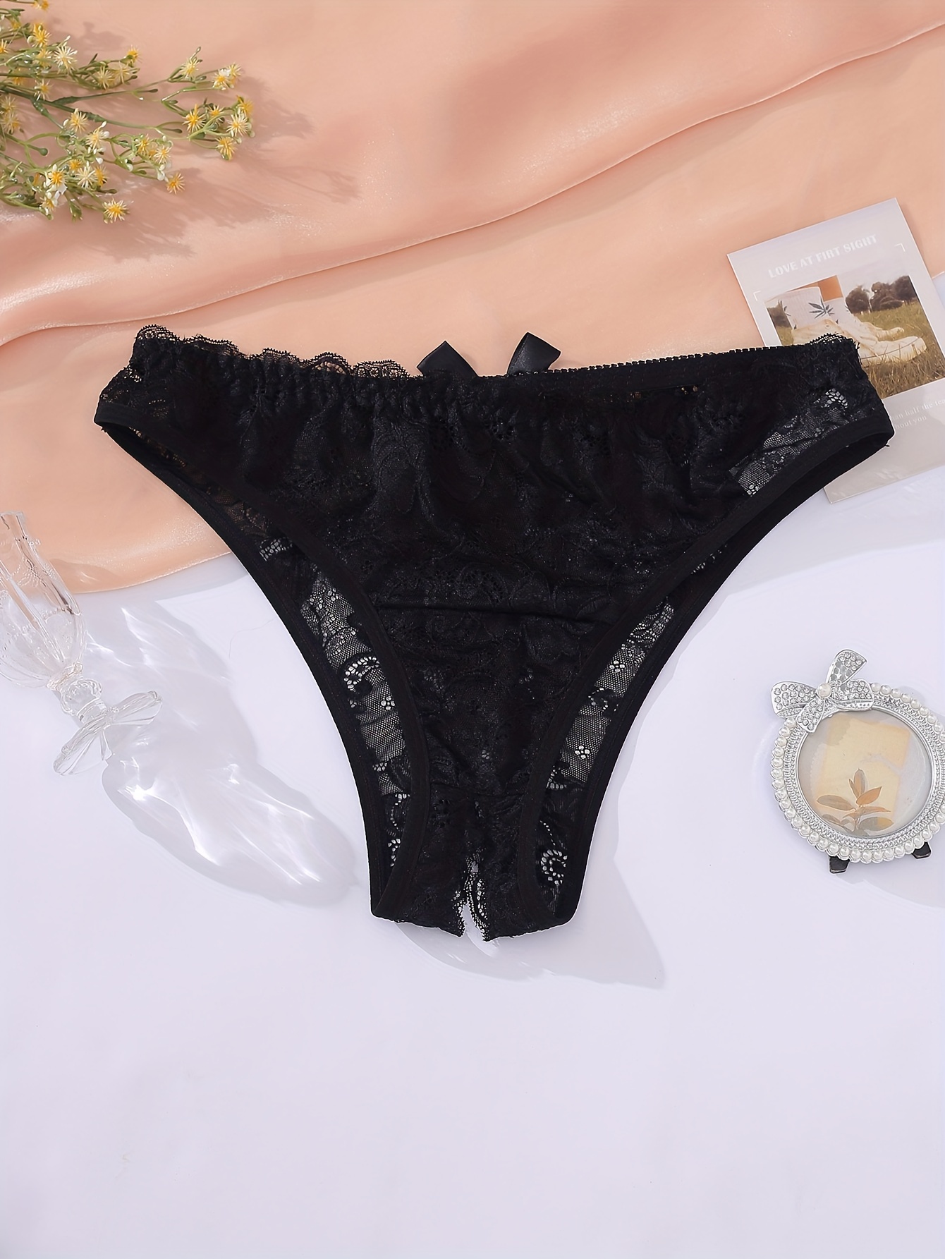 Breathable Embroidered Black Lace Crotchless Briefs For Women Sexy