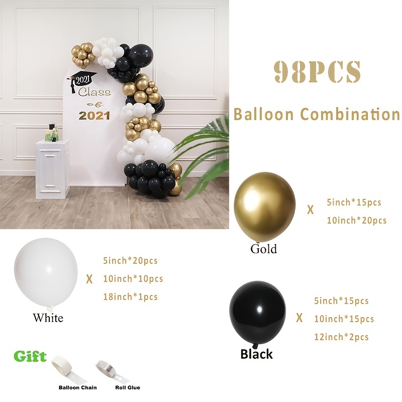 4 Sizes - Black White Gold Balloon Garland Kit & Arch for New Years, Graduation or Birthday - Small and Large Black and White Balloons with Gold