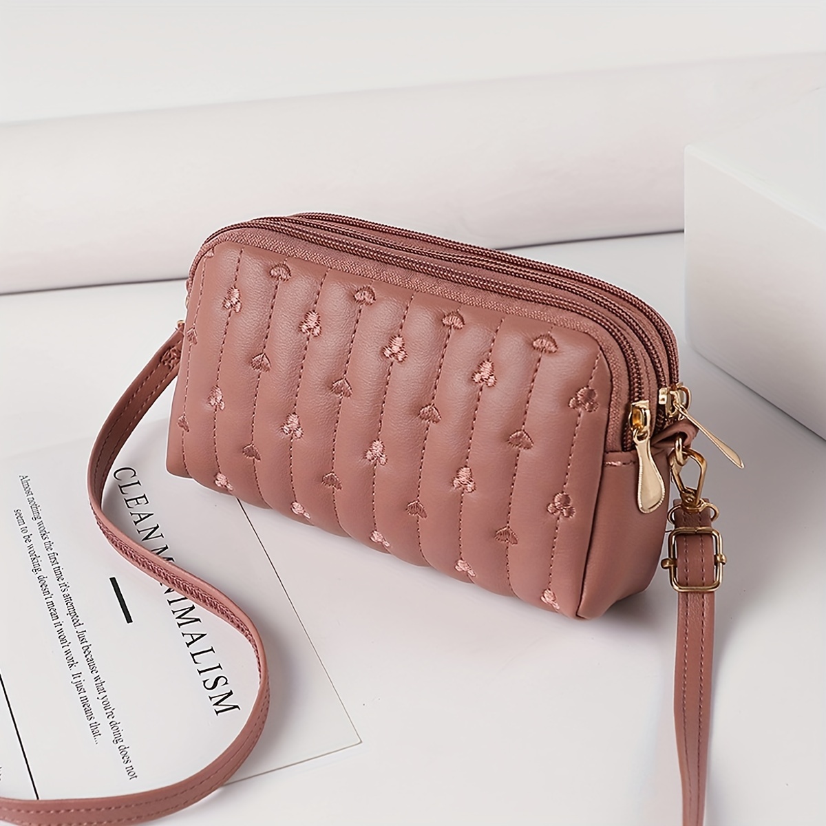 love embroidered long wallet solid color quilted shoulder bag minimalist purse with detachable strap