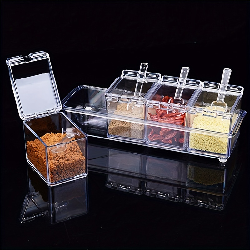 

1pc Vertical Kitchen 4-grid Transparent Seasoning Box With Spoon And Lid, Salt Jar With Lid And Spoon, Sugar Jar, Seasoning Jar, Spice Jar, Home Kitchen Supplies