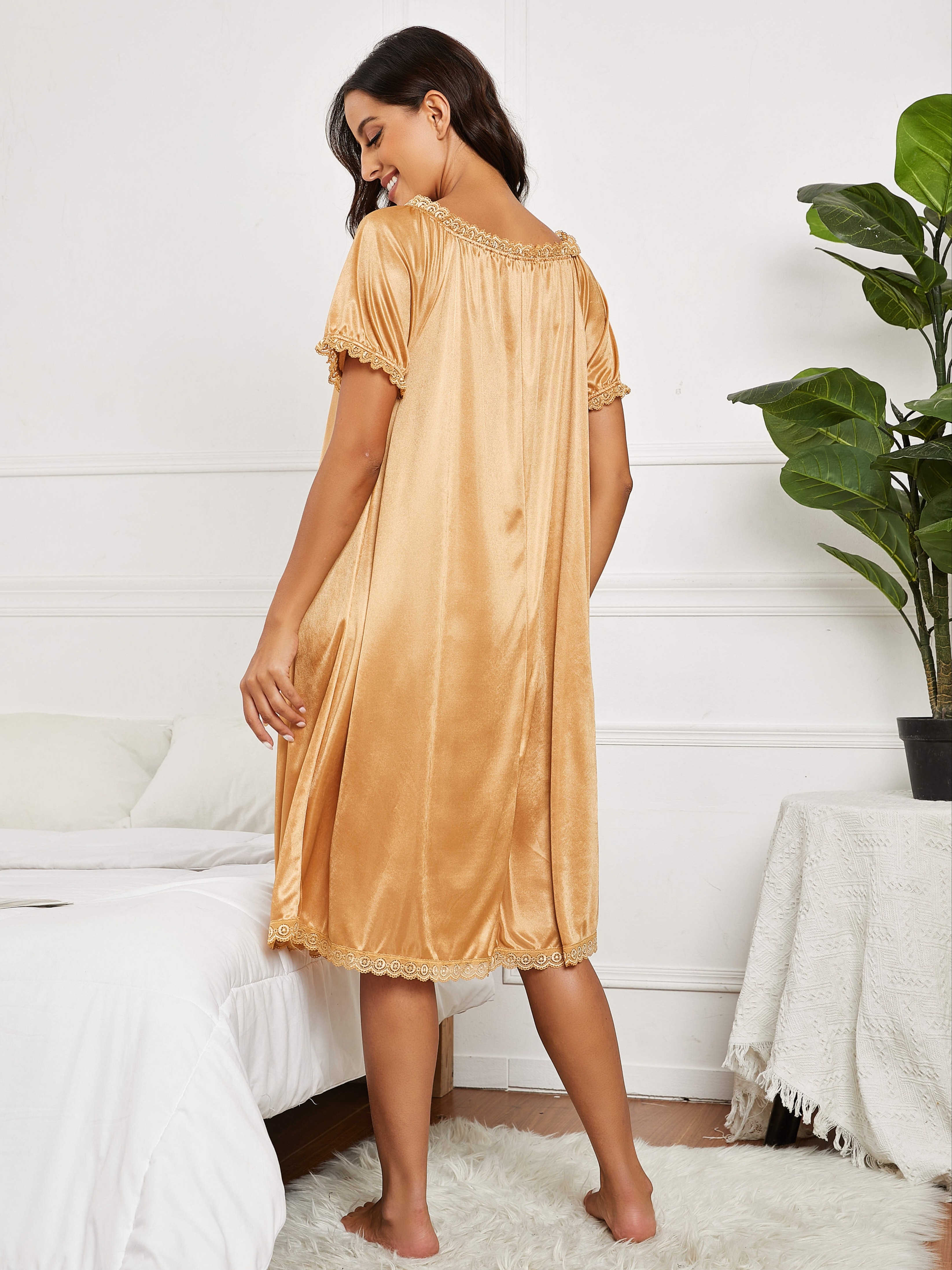 Elegant Lace Trim Nightdress, Soft Sleep Shirt Short Sleeve Sleepwear,  Women's Lingerie & Sleepwear