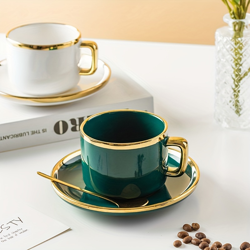  Juego de tazas de café, taza de café, estilo europeo, pequeño  lujo con cuchara, taza de cerámica simple, taza de té británica, elegante  taza de té de color puro, juego de
