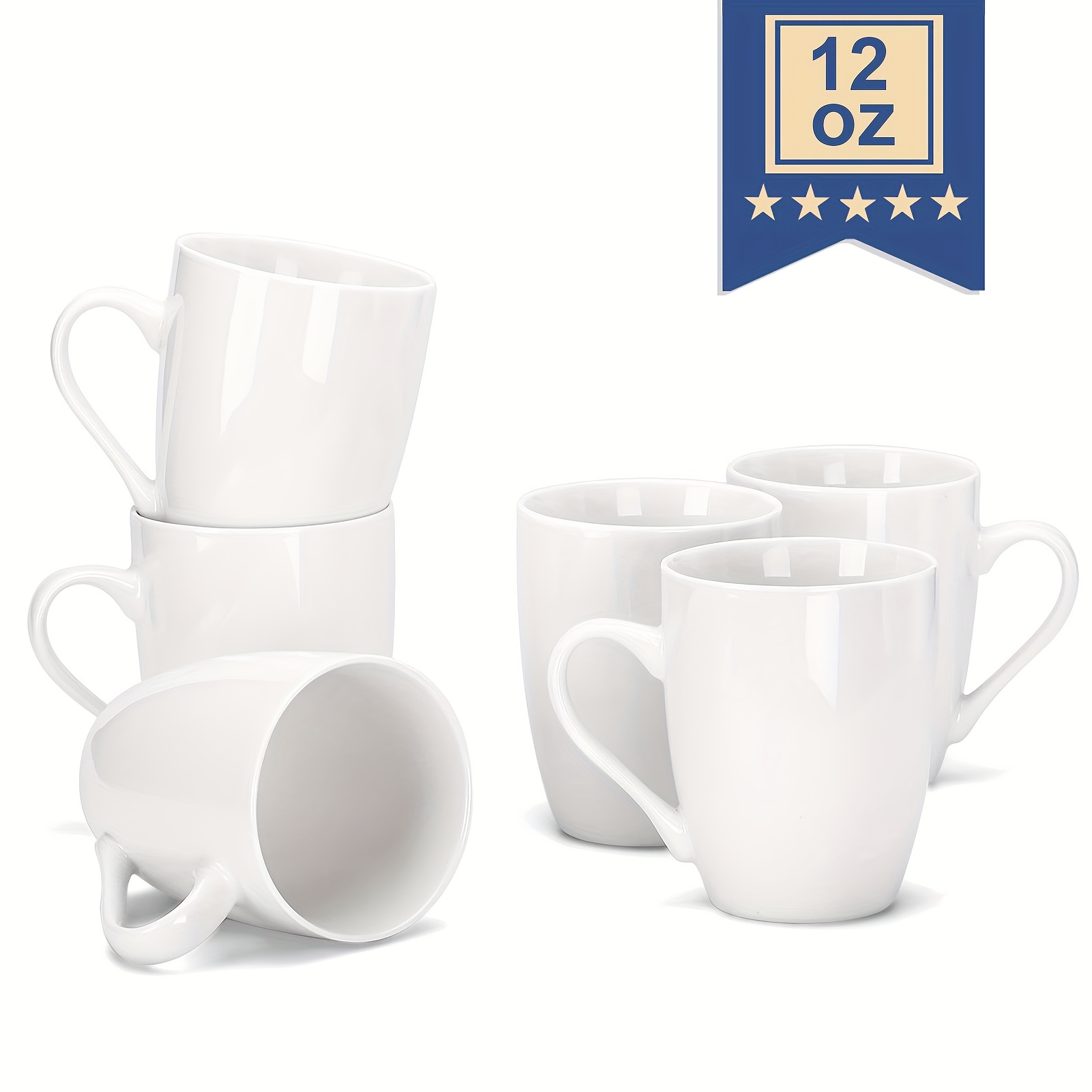 

6pcs, Coffee Mugs, Porcelain Mugs, 12 Ounce For Coffee, Tea, Cocoa, Cappuccino, Latte And Milk, Large Handle Design, Microwave And Dishwasher Safe, White