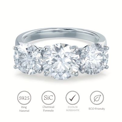 4 0 ct round moissanite 3 stone prong set engagement ring silver plated 18k platinum colorless moissanites color d f
