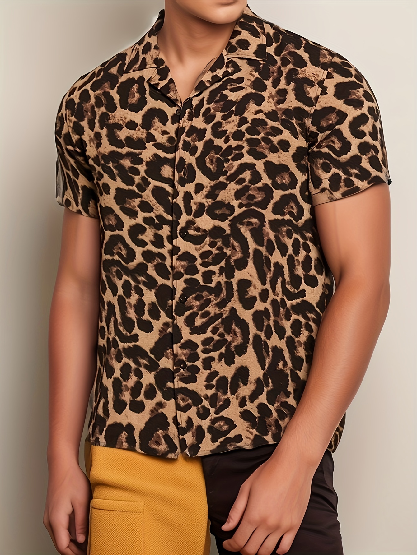 Men's Leopard Print Shirt With Chest Pocket, Casual Lapel Button Up Short  Sleeve Shirt For Outdoor