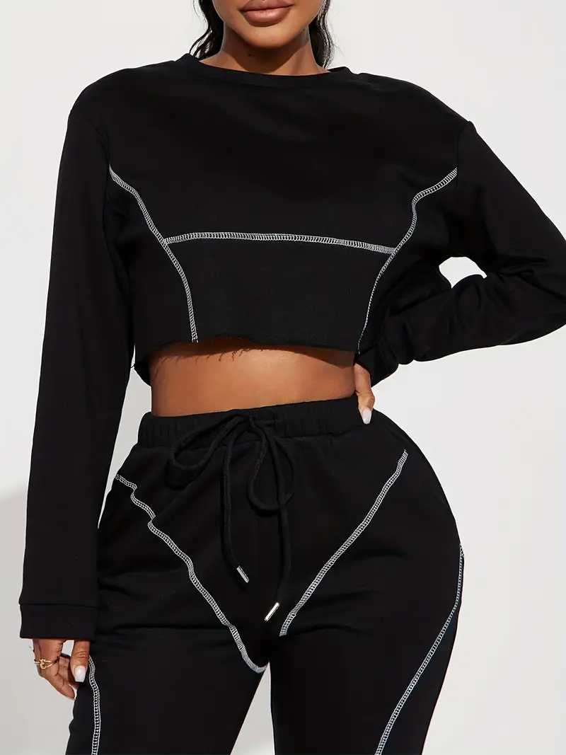 striped simple two piece set cropped long sleeve tops drawstring waist jogger pants outfits womens clothing details 5