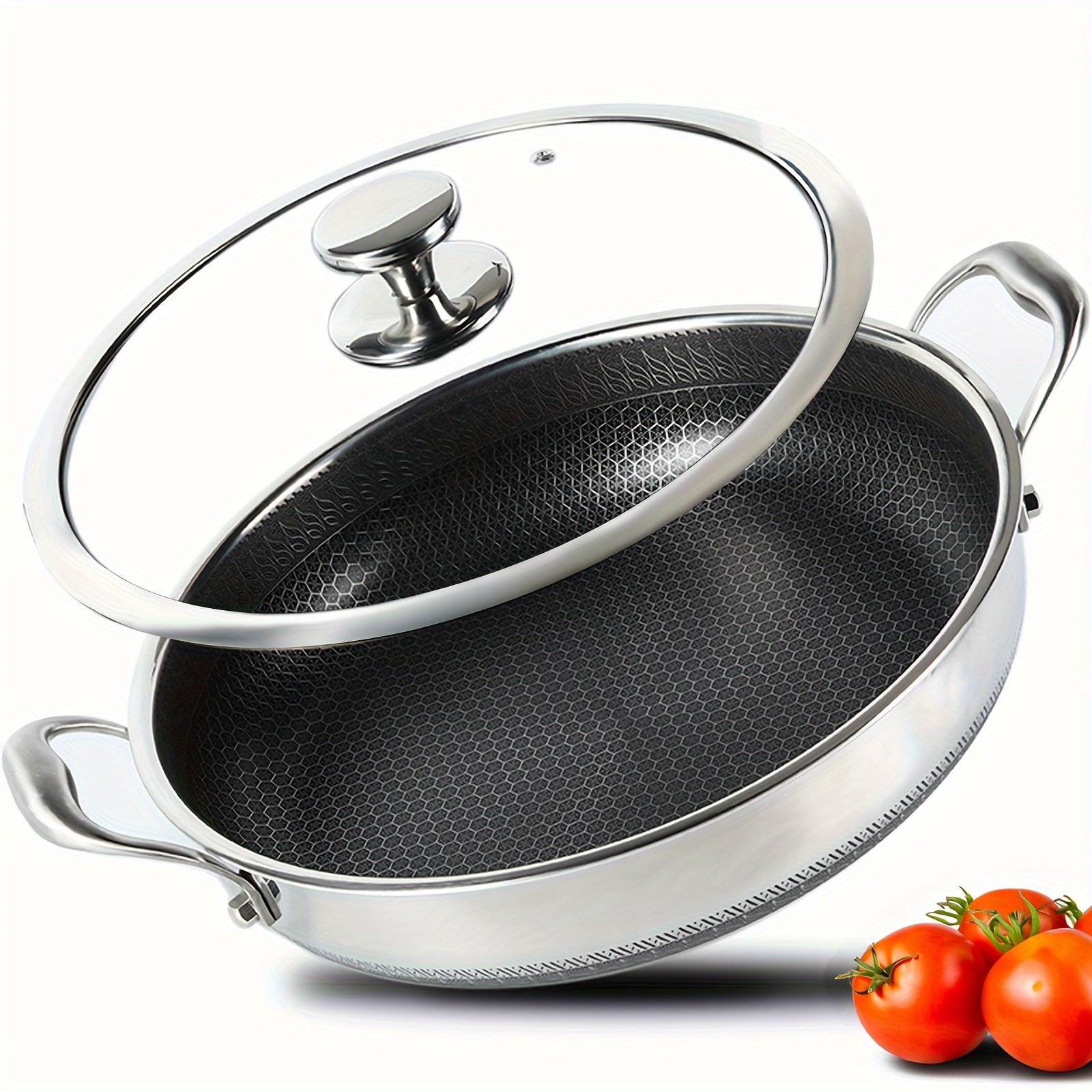 

1pc Stainless Steel Frying Pan, Non-stick Wok With Lid, 2 Handles, Pfoa Free, Dishwasher Safe, Kitchen Utensils With Wok/toast/roast/stew, Kitchen Supplies