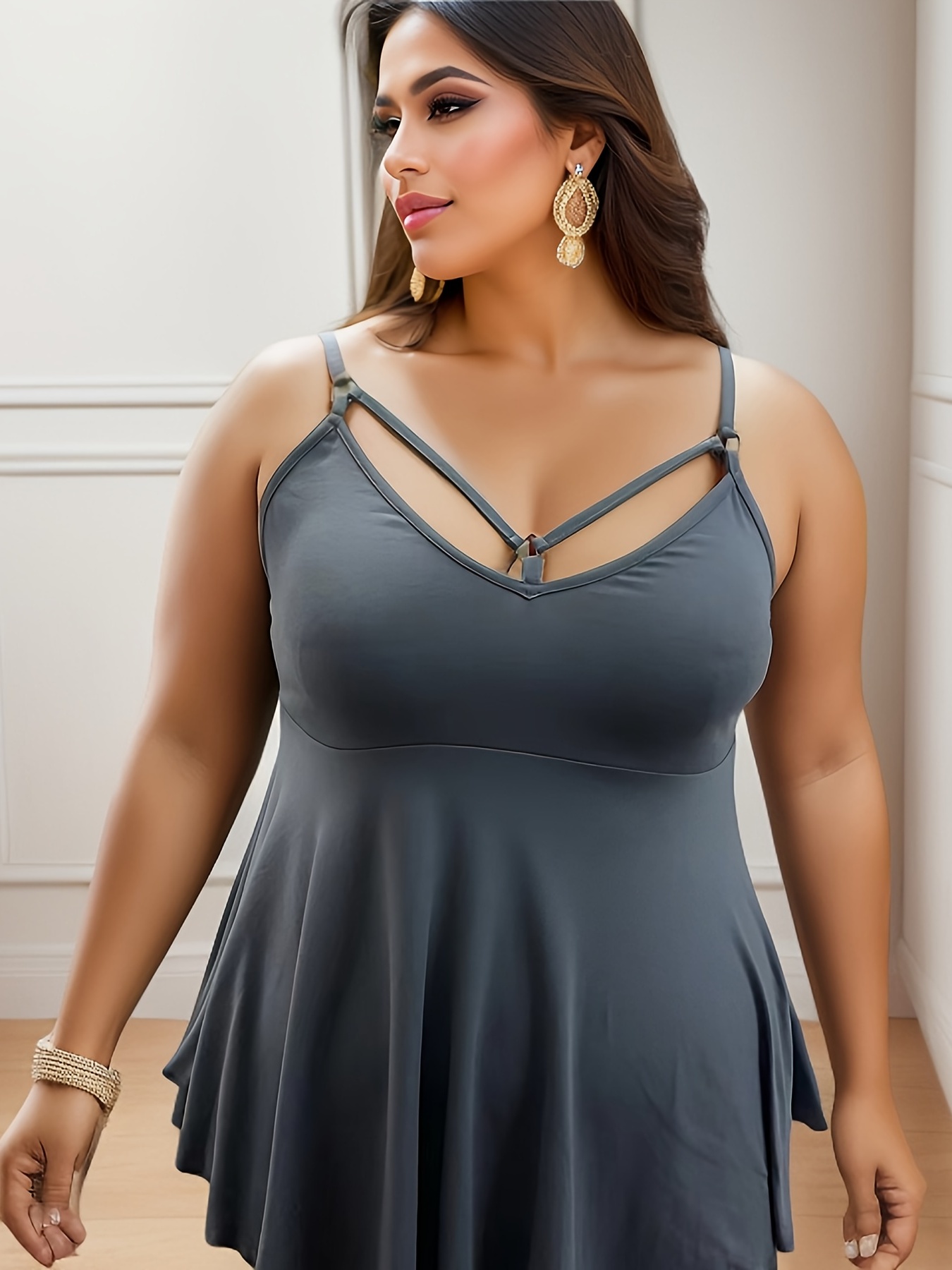 Plus Size Lady's Solid Seamless Long Cami Top/Dress, Charcoal
