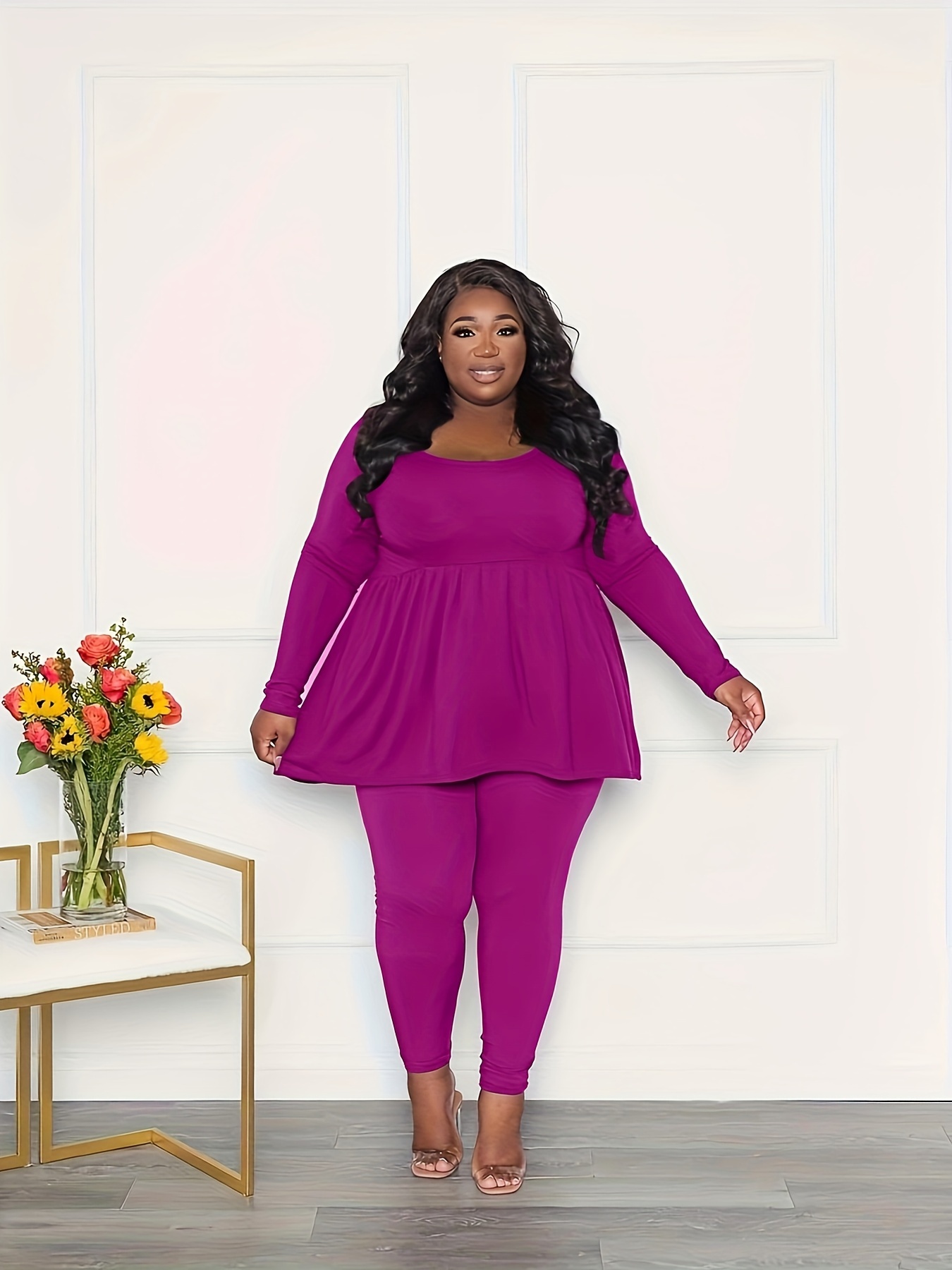 Plus Size Casual Outfits Set Women's Plus Solid Long Sleeve - Temu United  Kingdom