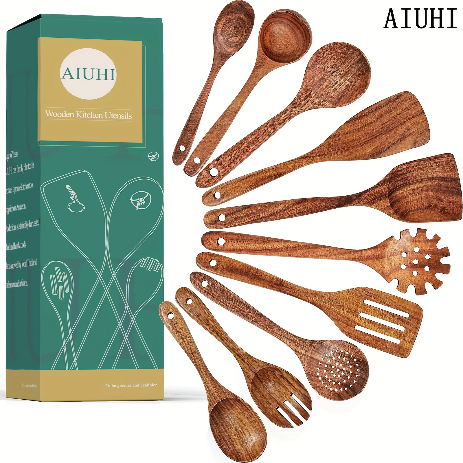 WOSPONFAN Kitchen Utensils Set - Wooden Spoons for Cooking, Natural Teak  Wooden Utensils - Includes Wooden Spoons, Spatula Set, Slotted Spoon 