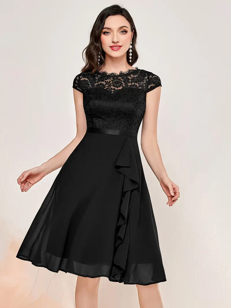 contrast lace ruffle trim party dress elegant solid crew neck short sleeve wedding dress homecoming dress womens clothing details 30