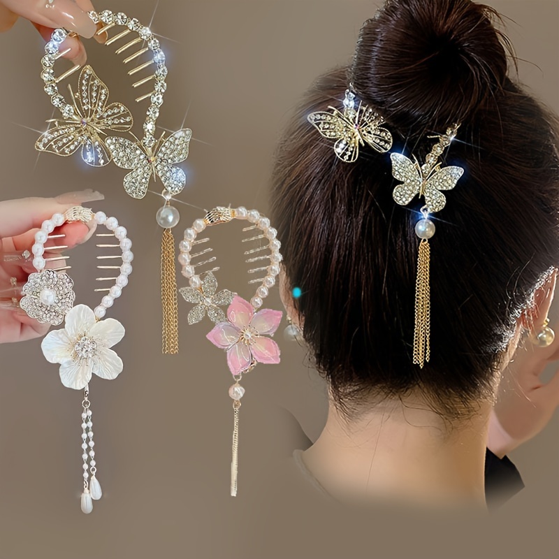 

3pcs, Elegant Vintage Premium Versatile Tassel Claw Clips, Shiny Rhinestone Flower & Butterfly Bun Buckles, Women Girls Casual Party Supplies, Princess Fairy Style Hair Accessories, Gift Photo Props