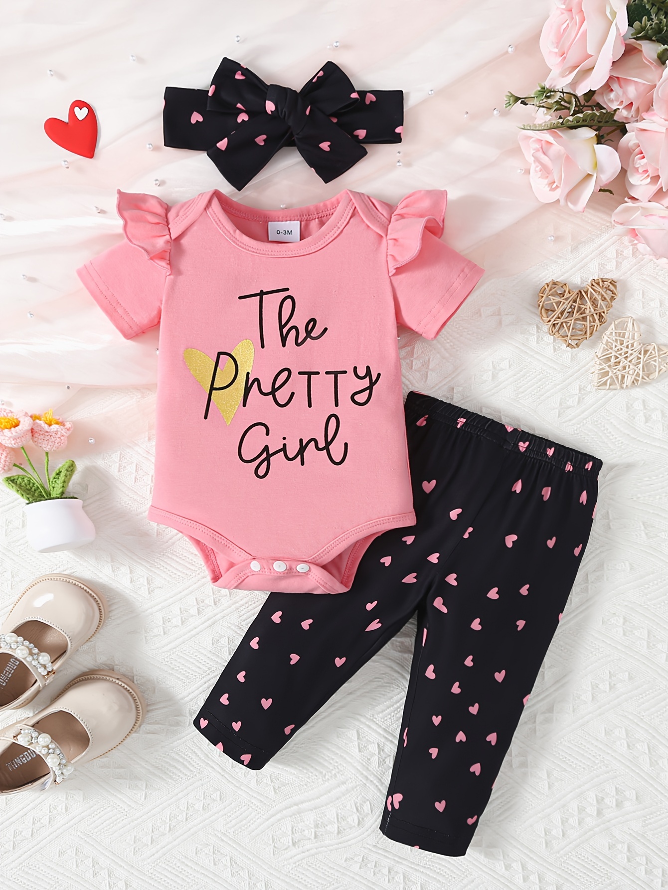 3pcs Baby Girl Letter Print Ruffle Long-sleeve Romper and Polka Dot Trousers Set