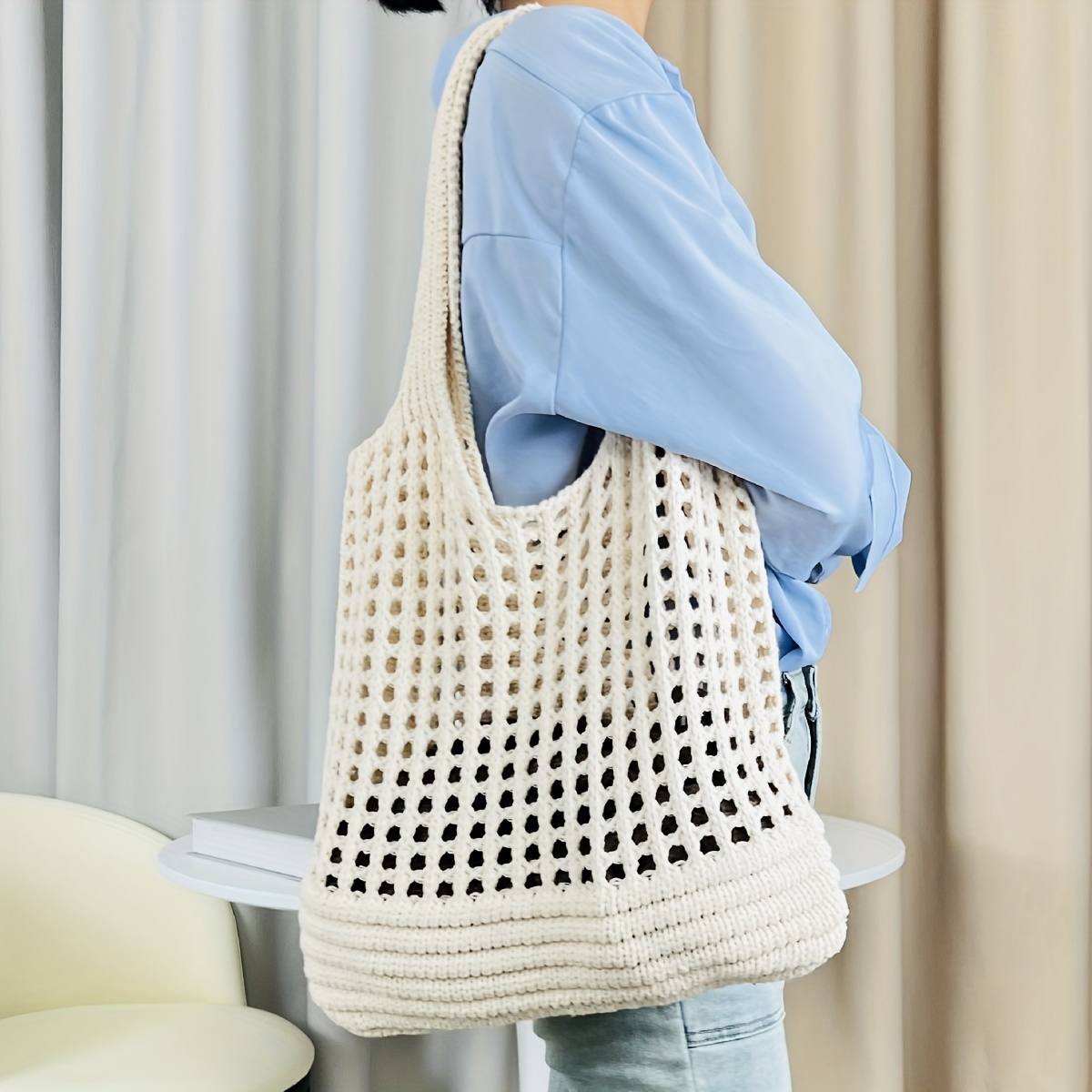 Polka Dot Knitting Tote Bag Stylish Crochet Bag For Women - Temu