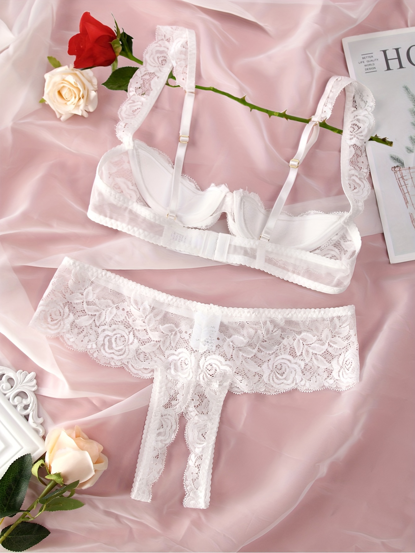 Sexy Floral Lace Lingerie Set With Hollow Bra And Open Crotch Panties For  Women