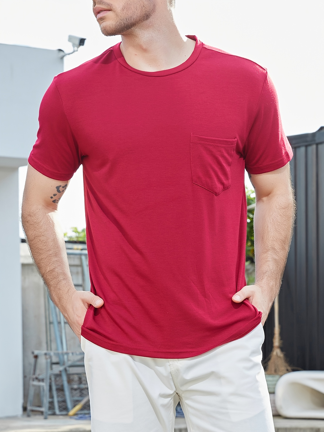Solid Color Men's Comfy T shirt Chest Pocket Men's Summer - Temu