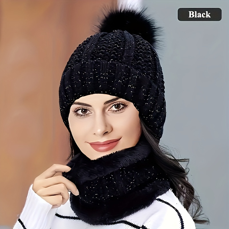 2 Pièces Bonnet Femme Hiver avec Pompon, Noir Blanc Chaud Bonnet