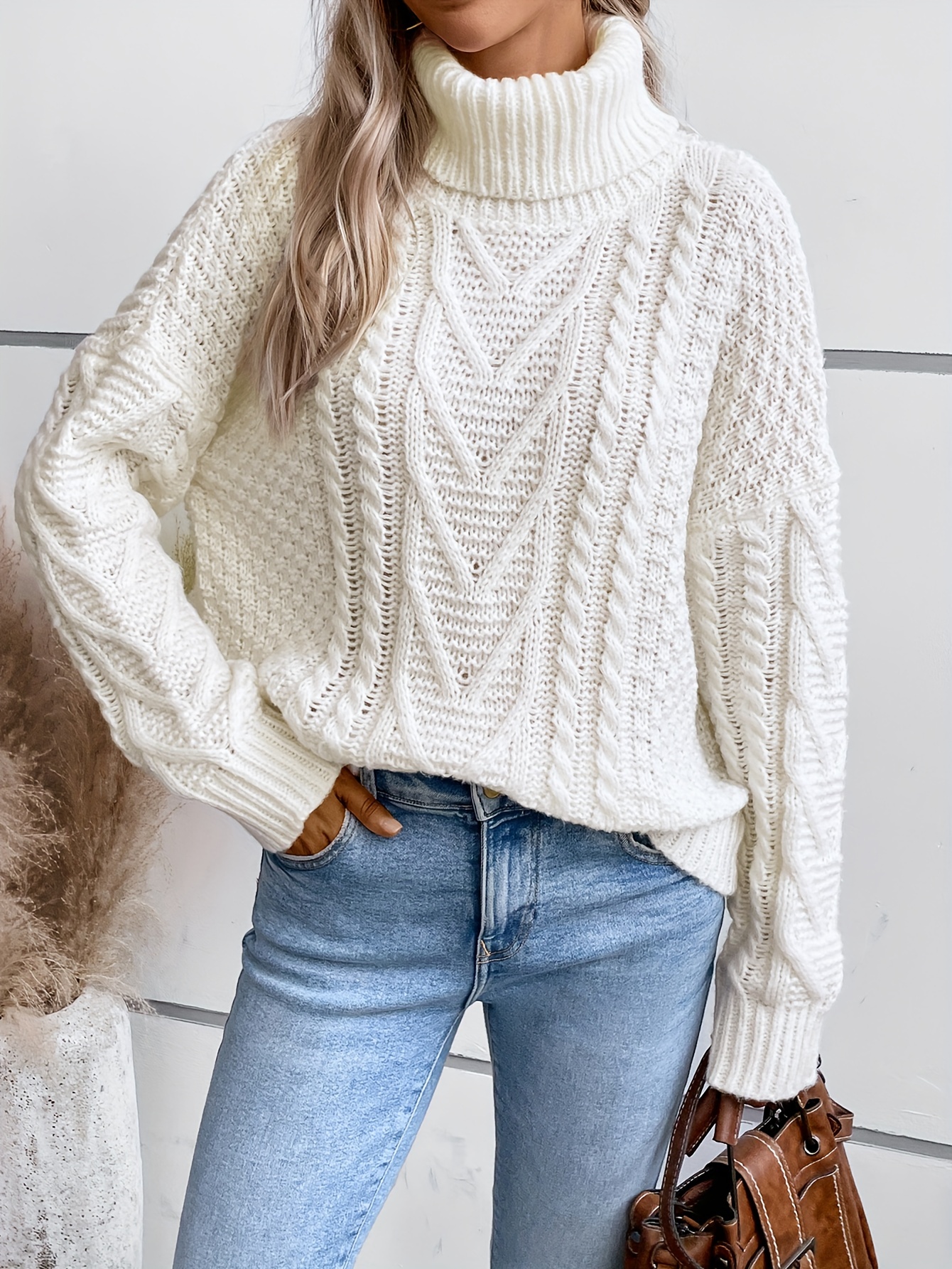 Solid Rib Knit Pullover Sweater Casual Turtle Neck Long - Temu