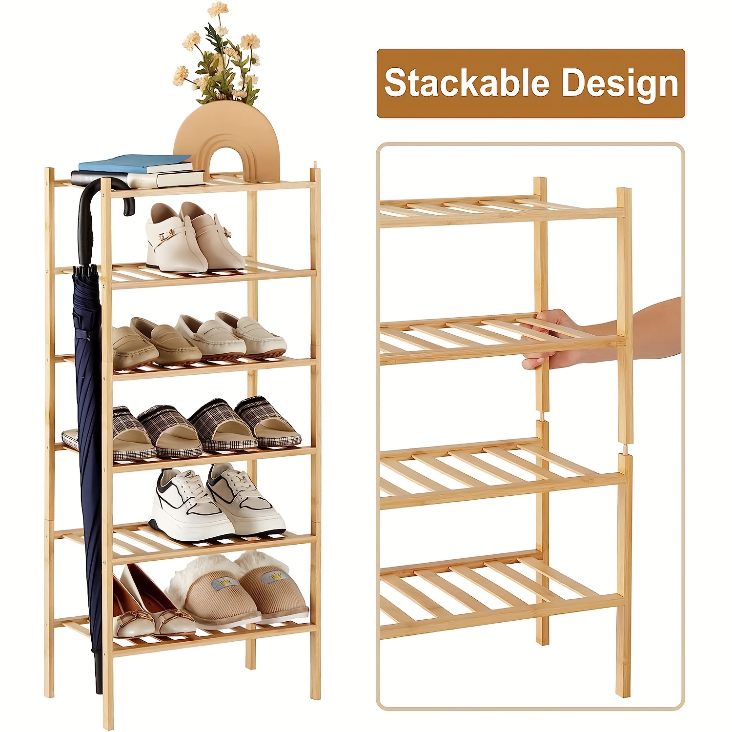6 Layers Natural Wood Bamboo Shelf Entryway Storage Shoe Rack Home Furniture  US