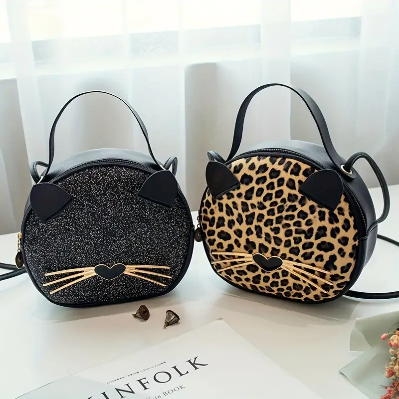 cute cat crossbody bag for women glitter sequins round handbag fashion leopard print shoulder purse details 1