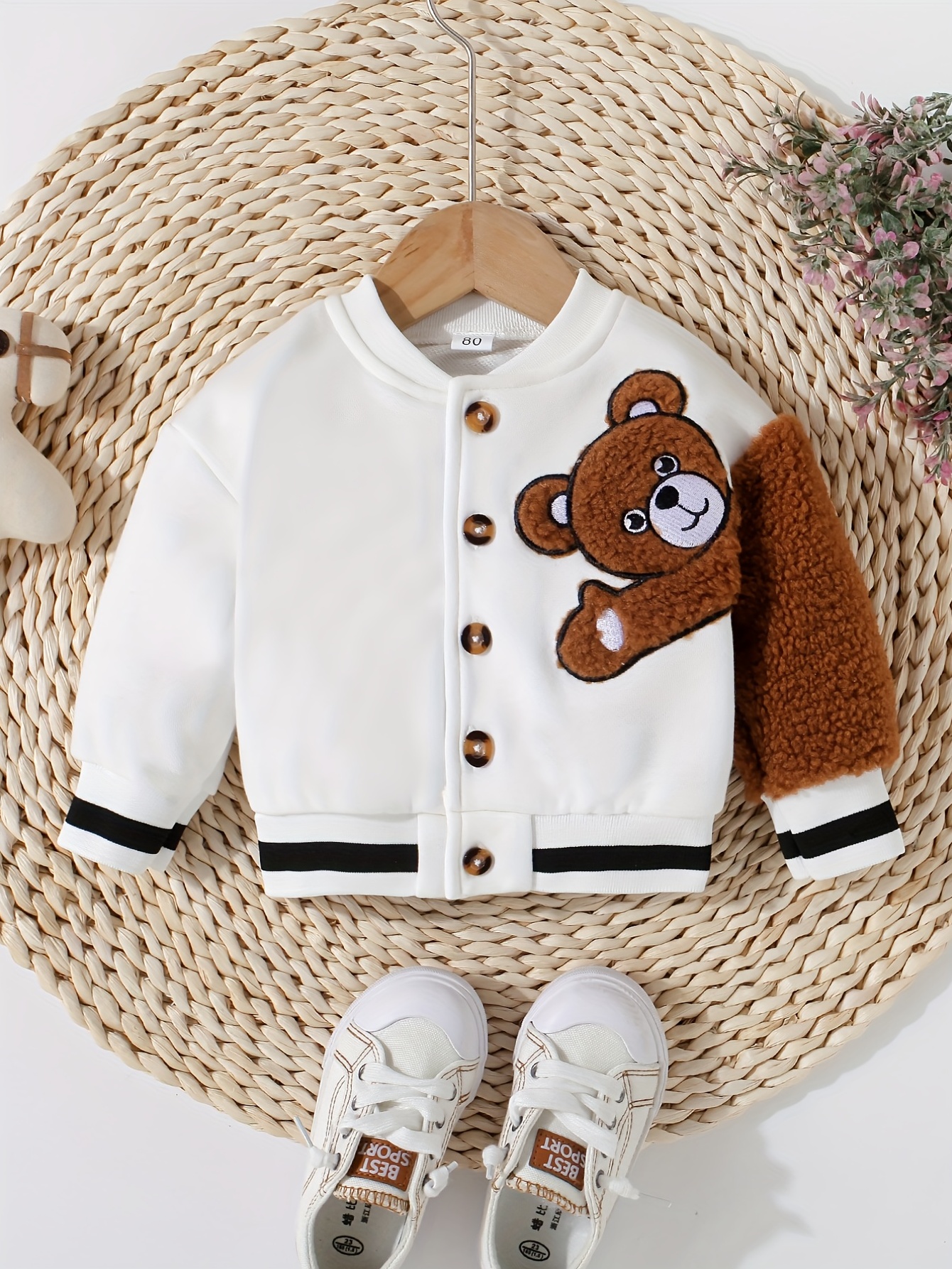 baby adorable bear embroidered jacket kids single breasted long sleeve trendy coat details 0