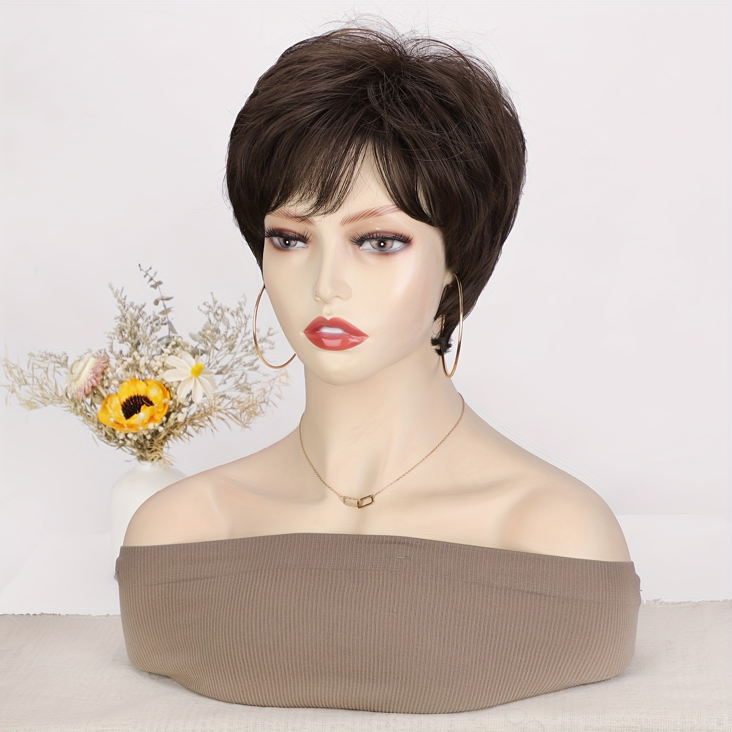 Short Brown Pixie Cut Wig with Bangs Natural Synthetic Fluffy Hair Wig 16 cm